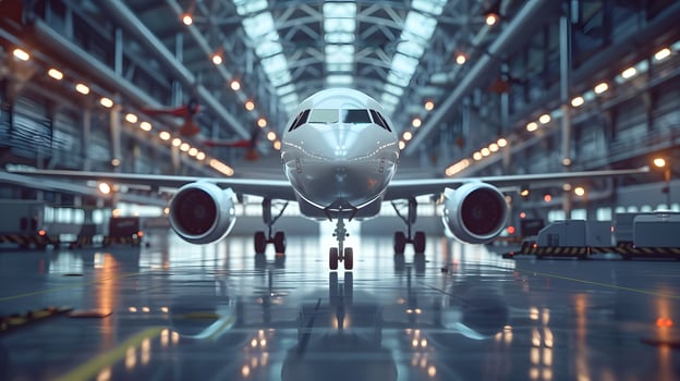 A passenger jet from an aerospace manufacturer is parked in a hangar photo
