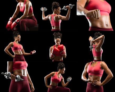 Black woman demonstrates her strength through different exercises, including boxing and weightlifting, all while wearing workout gear. The images highlight her athleticism and determination. photo
