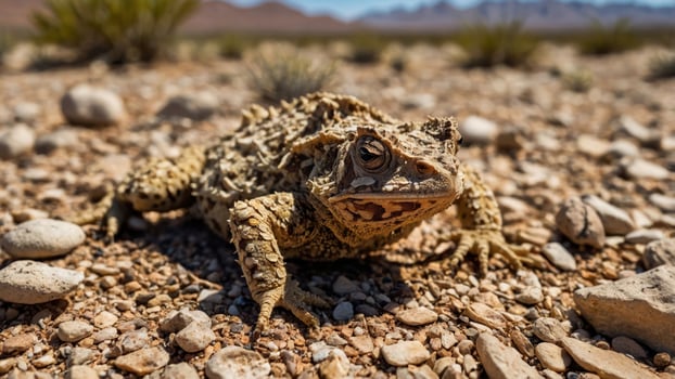 A close-up of a textured toad on a rocky desert landscape. photo