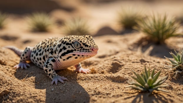 A leopard gecko resting on sandy terrain with sparse vegetation in a desert environment. photo