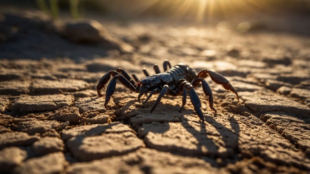 A close-up of a scorpion on cracked earth, illuminated by warm sunlight. photo