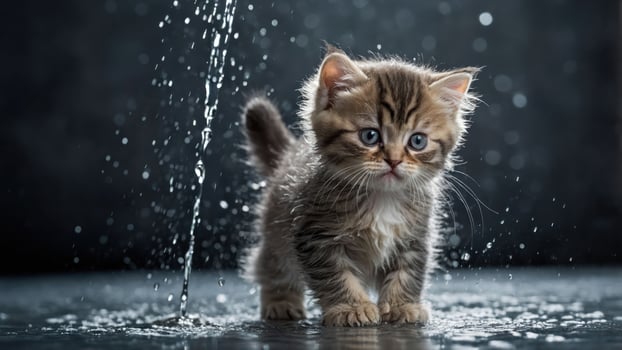 A cute kitten standing near cascading water droplets on a dark surface. photo