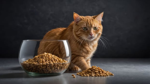 An orange cat sits beside a bowl of cat food, with some kibble spilled on the surface. photo
