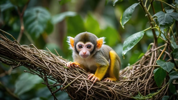 A young monkey perched on a nest-like structure surrounded by lush greenery. photo