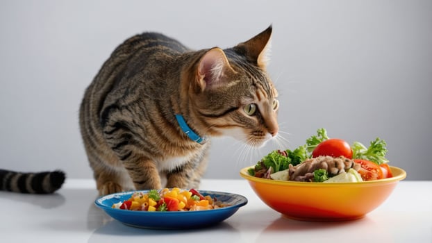 A curious cat inspects two bowls of food, one with vegetables and the other with meat. photo