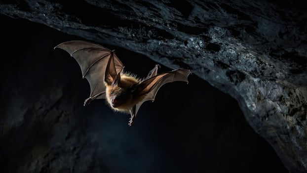 A bat flying in a dark cave, showcasing its wings and natural habitat. photo