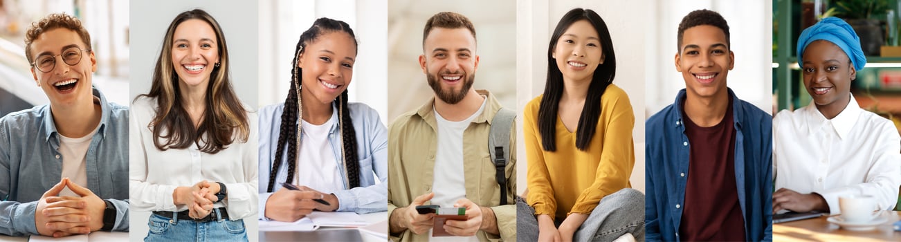 A diverse group of young adults is gathered indoors, smiling and engaging in conversation. They are seated in a bright and lively environment, capturing a moment of connection and joy. photo