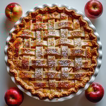 A whole apple pie with a golden crust and a lattice top filled with fresh apples. photo