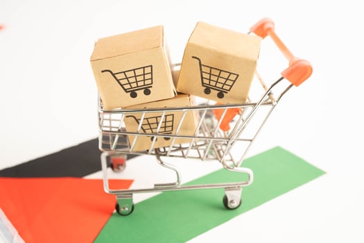 Online shopping, Shopping cart box on Sudan flag, import export, finance commerce. photo