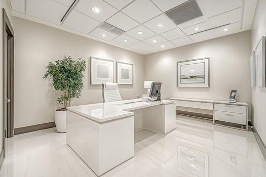 Modern white office interior design with desk and computer photo