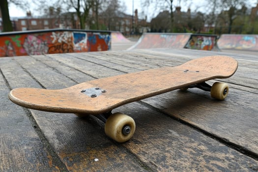 Skateboard resting on wooden platform in skatepark setting, embracing urban sports culture photo