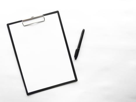 Minimalist clipboard with blank paper and pen on white background photo