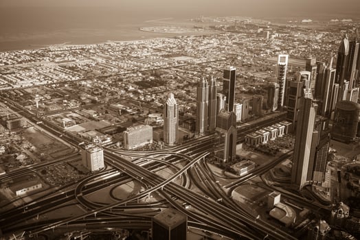 Dubai downtown morning scene. Top view photo