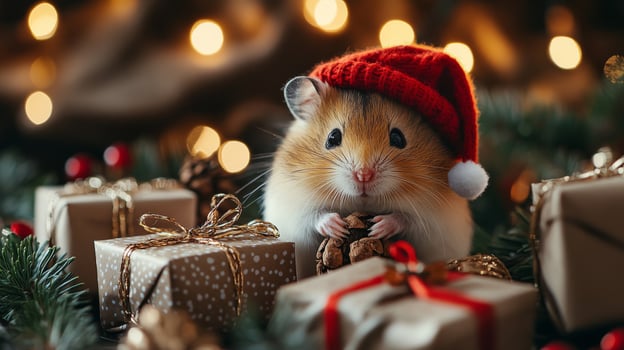 A hamster wearing a red Christmas hat, sitting beside miniature wrapped presents and pine branches photo