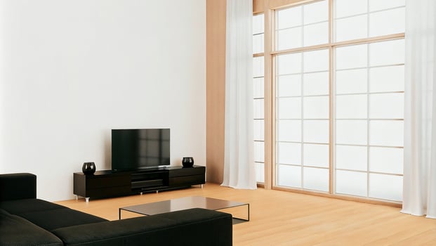 Modern living room with minimalist furniture and neutral tones photo