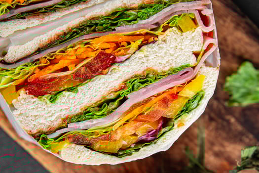 sandwich layers vegetables and ham meat spam fresh meal food snack on the table copy space food background rustic top view photo