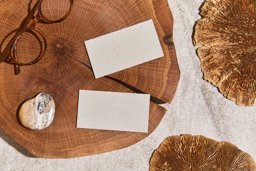 Flat lay of stylish composition with mock up visit cards, rock, wood, natural materials, dry plants and personal accessories. Neutral colors, top view, template. photo