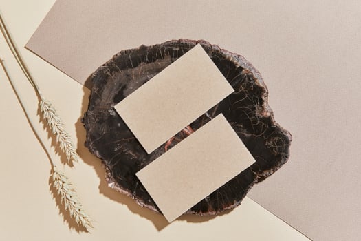 Flat lay of creative minimalistic composition with mock up visit cards, rock, natural materials, dry plants and personal accessories. Neutral colors, top view, template. photo