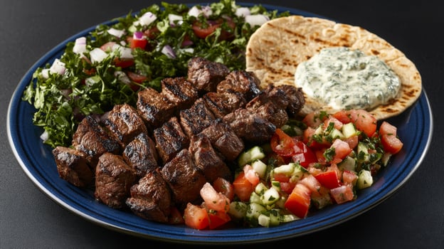 Savor the vibrant flavors of Greece with a delicious lamb souvlaki plate, fresh pita, creamy tzatziki, and a refreshing Greek salad that will excite your taste buds like never before photo
