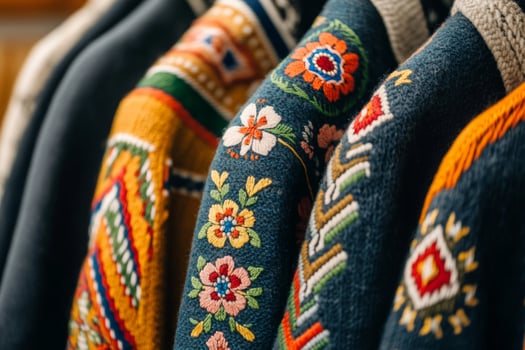 Close-up of traditional Peruvian embroidered garment showcasing Andean floral patterns and vibrant thread colors photo