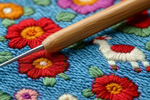 Intricate Peruvian embroidery showcasing Andean symbols with vibrant colors and detailed needlework photo