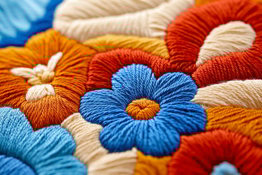Intricate Peruvian embroidery showcasing vibrant Andean symbols with llamas, flowers, and mountains in vivid colors photo