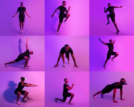 An athlete showcases an energetic workout, incorporating jump rope and various exercise poses. The vibrant purple lighting creates an engaging atmosphere, highlighting each movement clearly. photo