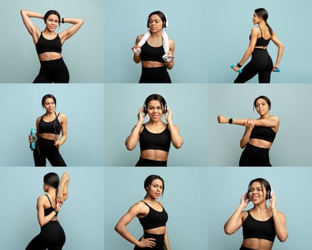 A fit black woman engages in various workout poses, demonstrating strength and flexibility. She appears motivated and energetic while using dumbbells and headphones in a vibrant environment. photo