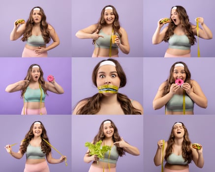 Obese woman showcases her fitness journey through humorous expressions related to food and nutrition. She holds various food items and a tape measure, reflecting on balance in lifestyle choices. photo