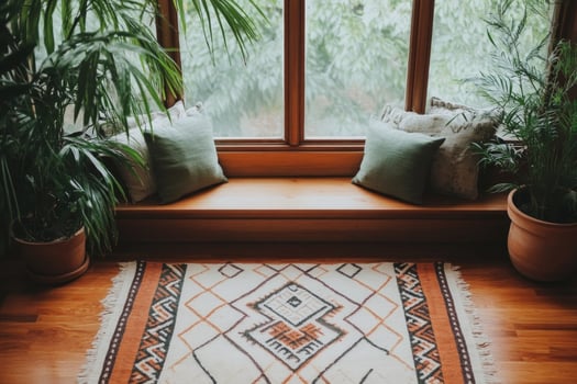 Cozy rustic boho living room with large windows, eclectic cushions, and indoor plants photo