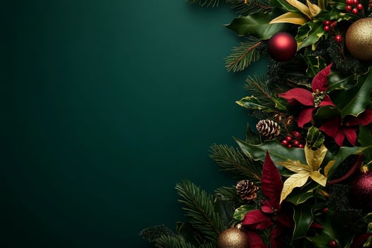 Green background with red and gold leaves and red and gold ornaments photo