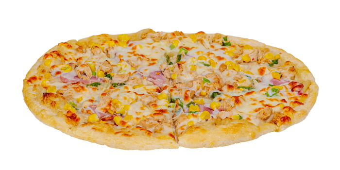 Pizza with chicken, bacon, corn, leeks, sauce isolated on a white background. photo