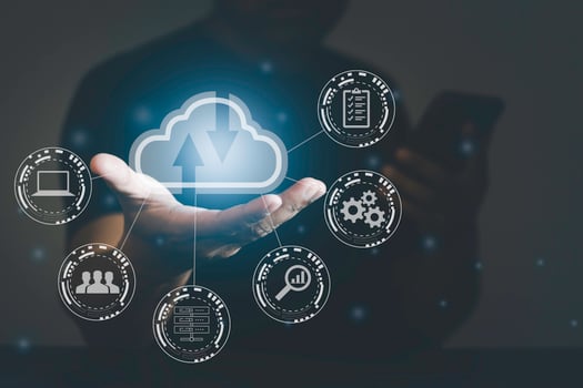Man use mobile with cloud computing diagram show on hand. Cloud technology. Data storage. Networking and internet service concept. photo