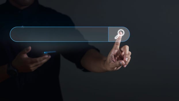 Search Engine Optimization SEO Networking Concept. Businessman using smartphone and touching search icon on virtual screen. photo