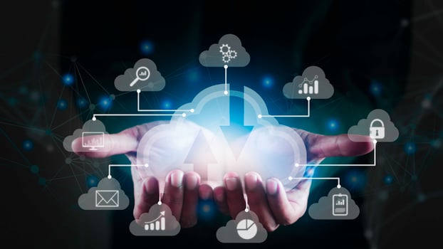 Big data analytics and business intelligence concept. Chart and graph icons on a digital screen interface in hand of businessman. photo