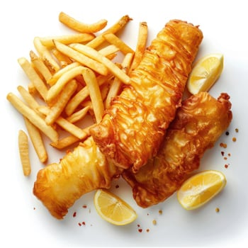A plate of fish with tartar sauce, french fries and lemon wedges. photo