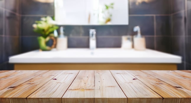 Wooden table for bathroom background and blurred for home interior and suitable for montage product display setup photo