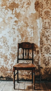 A solitary wooden chair in a room with peeling wallpaper. photo