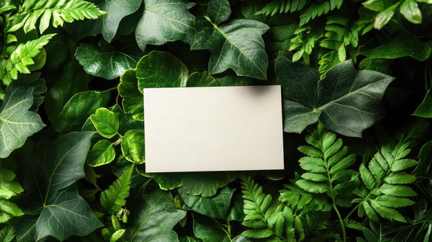 Blank white card hanging on green leaves in nature photo