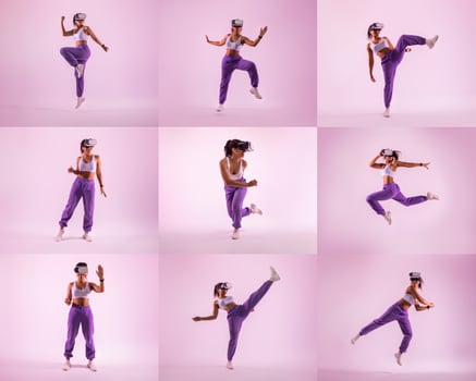 A dancer engages in dynamic movements using a virtual reality headset. The vibrant atmosphere highlights her creativity and energy in a playful and modern dance practice. photo