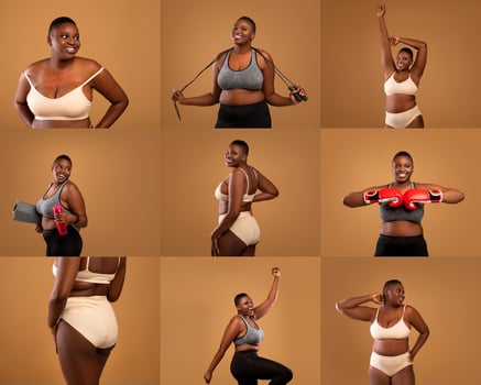 African American obese woman expresses her fitness journey through various poses, highlighting her strength and confidence in a warm-toned indoor setting. Each pose reflects joy and empowerment. photo