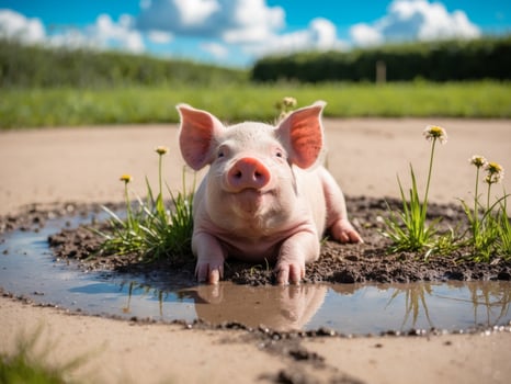 A pig sitting in a puddle of water photo