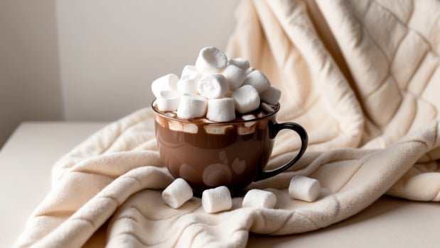 Hot chocolate with marshmallows on a beige blanket photo