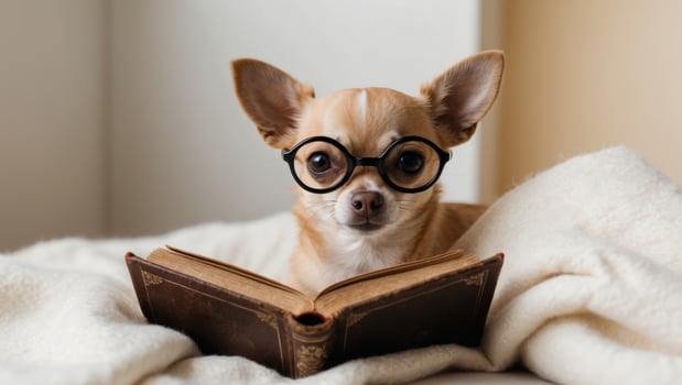 A dog wearing glasses is reading a book photo