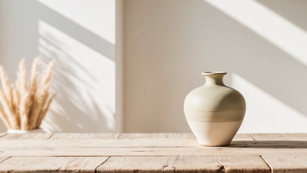A vase sitting on a wooden table in front of a window photo