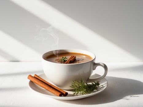 Hot drink in a cup with cinnamon and herbs on a white table photo