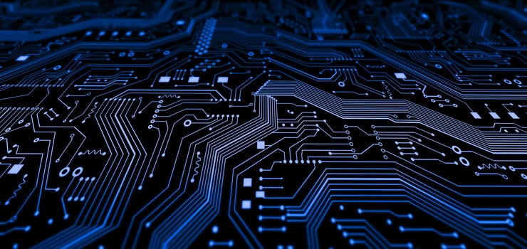 Technological illustration with blue microcircuit lines, close up view. Panorama photo