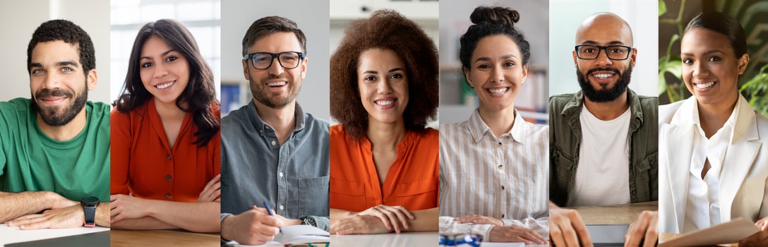 A diverse team of professionals is sitting together in a well-lit office, sharing smiles and presenting a collaborative atmosphere. They wear casual clothing and engage in discussions. photo