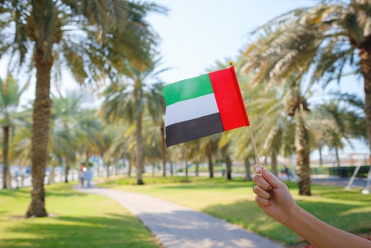 female hand holding tiny flag of UAE photo