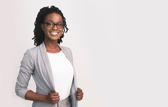 Successful Entrepreneurship. Happy Afro Business Girl Smiling At Camera Over White Background. Isolated, Empty Space For Text photo